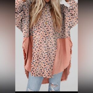 Chic Pink Leopard Print Long Sleeve Blouse